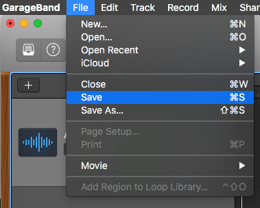 Saving GarageBand project from File menu.