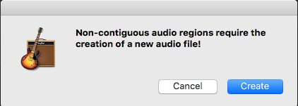 Non-contiguous audio regions require the creation of a new audio file popup message