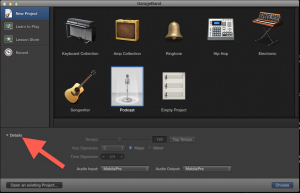 Details drop down in garage band start up window