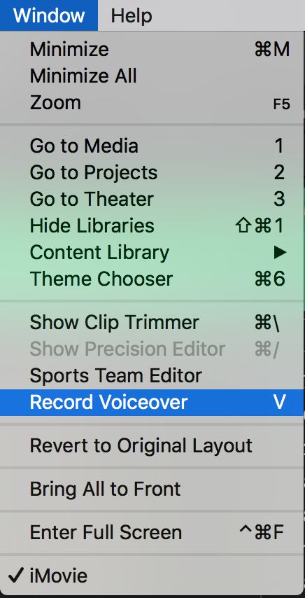 The record voiceover option in the window drop-down menu.
