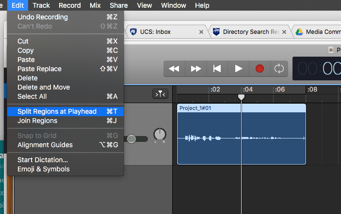 The Split Regions at Playhead option in the Edit menu.