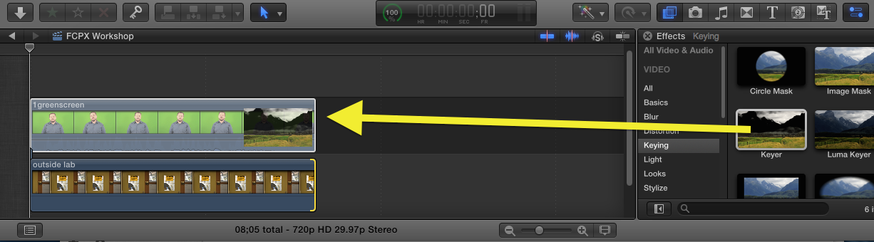 Select keyer effect and drop into green screen clip