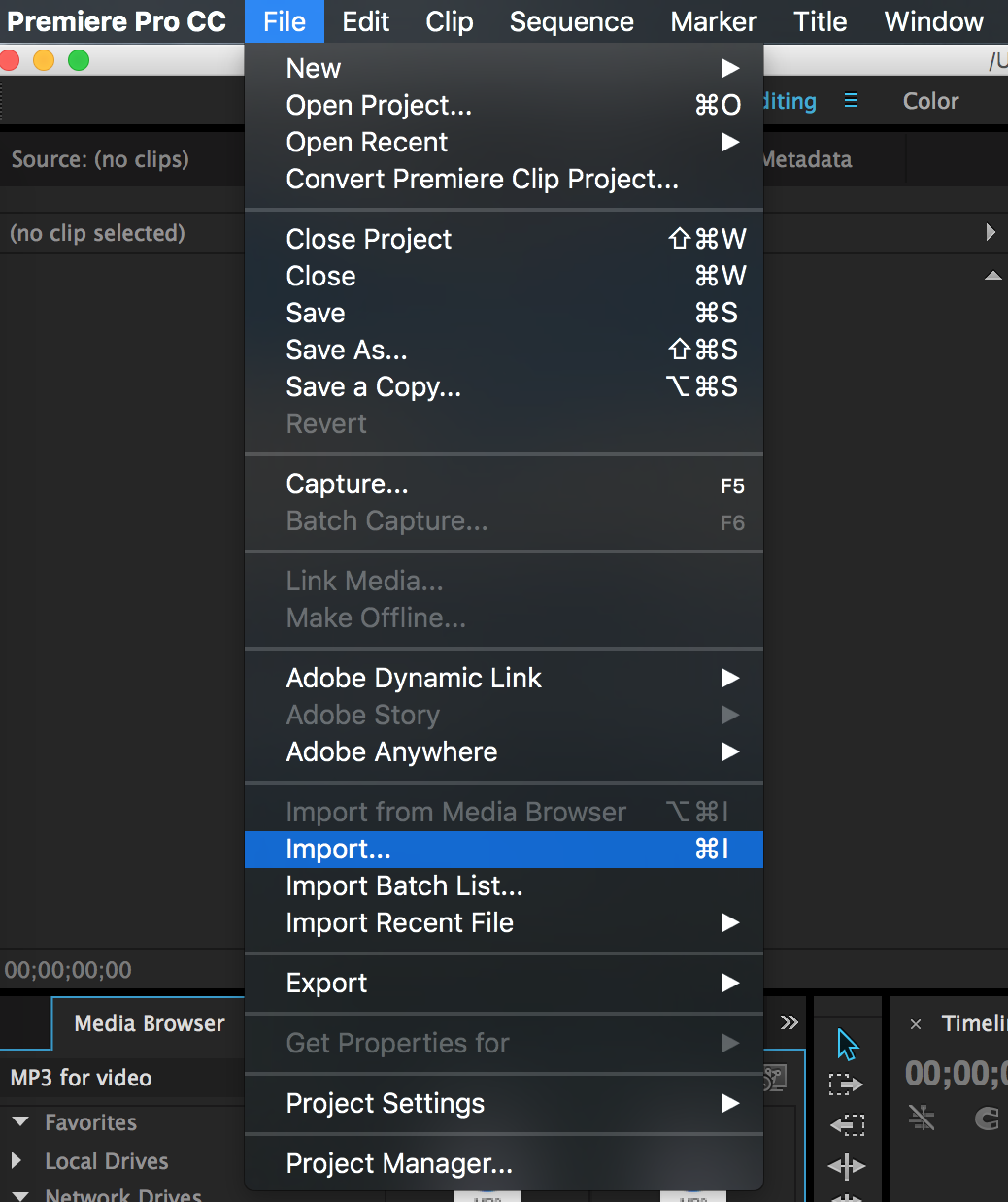 Selecting Import in the File menu