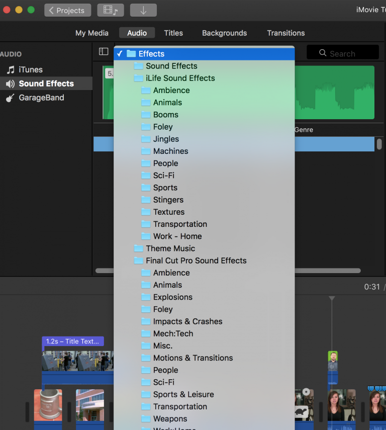 imovie sound effects drop down menu