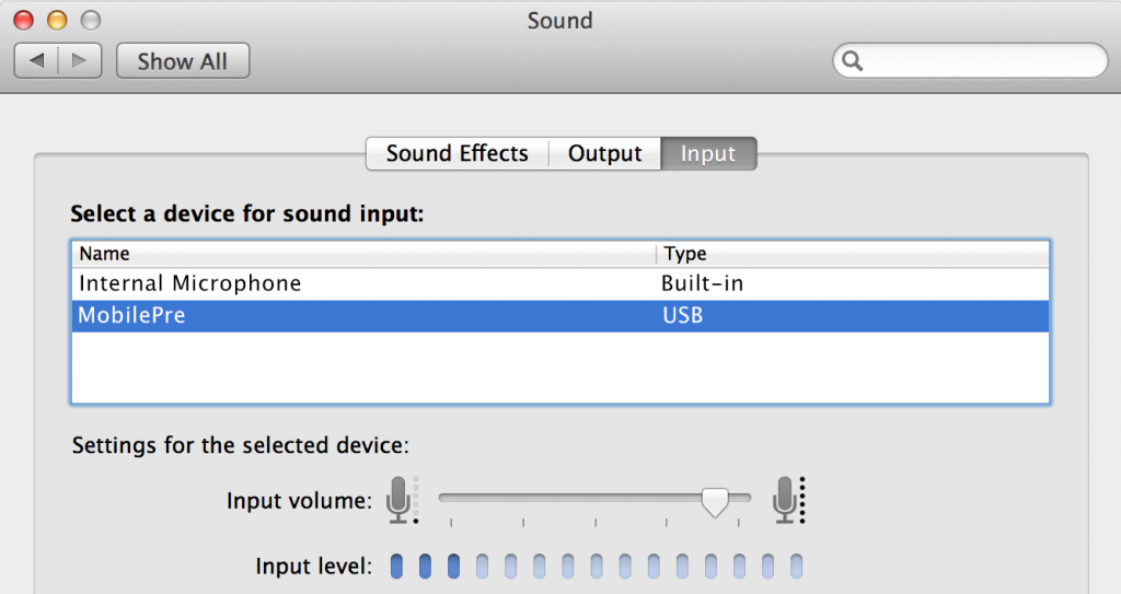 Sound input menu