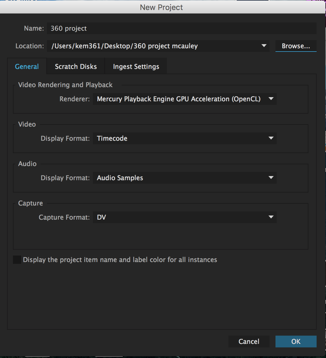 New project settings window