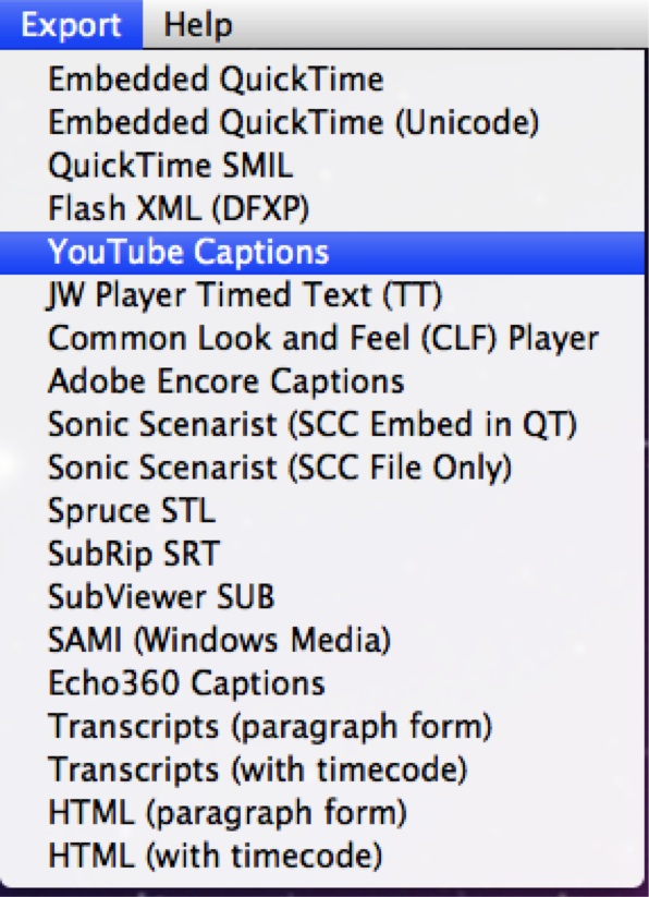 Export menu in Movie Captioner