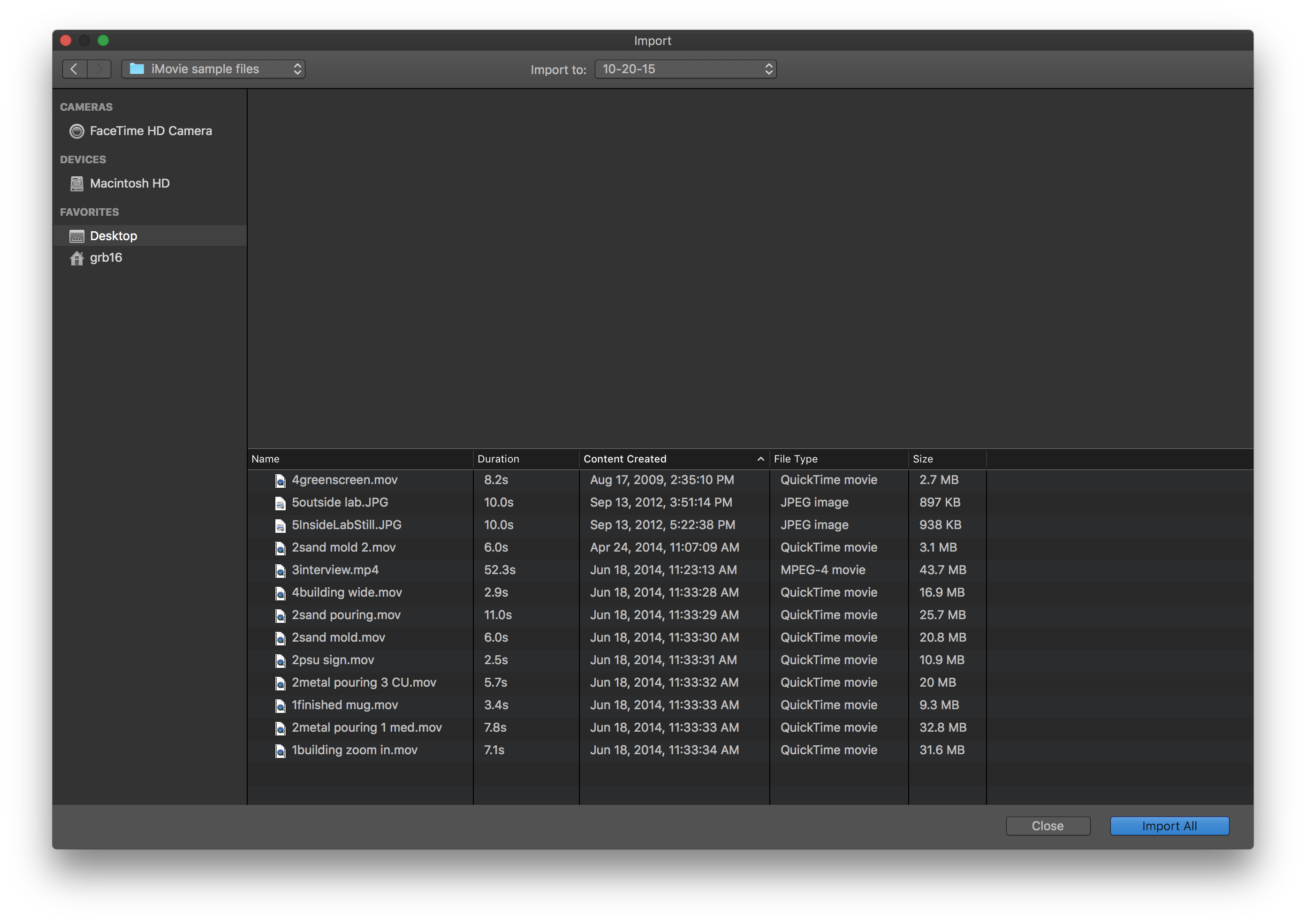 The import window in iMovie.