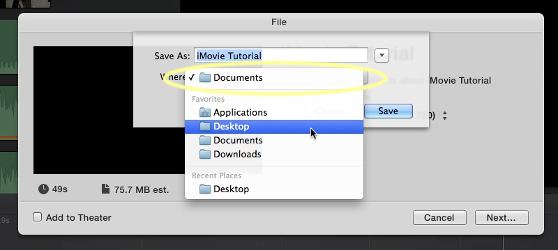 Dropdown of locations where you can save your file