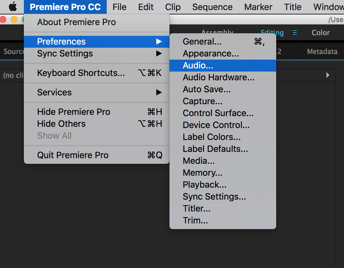 Premiere Pro menu