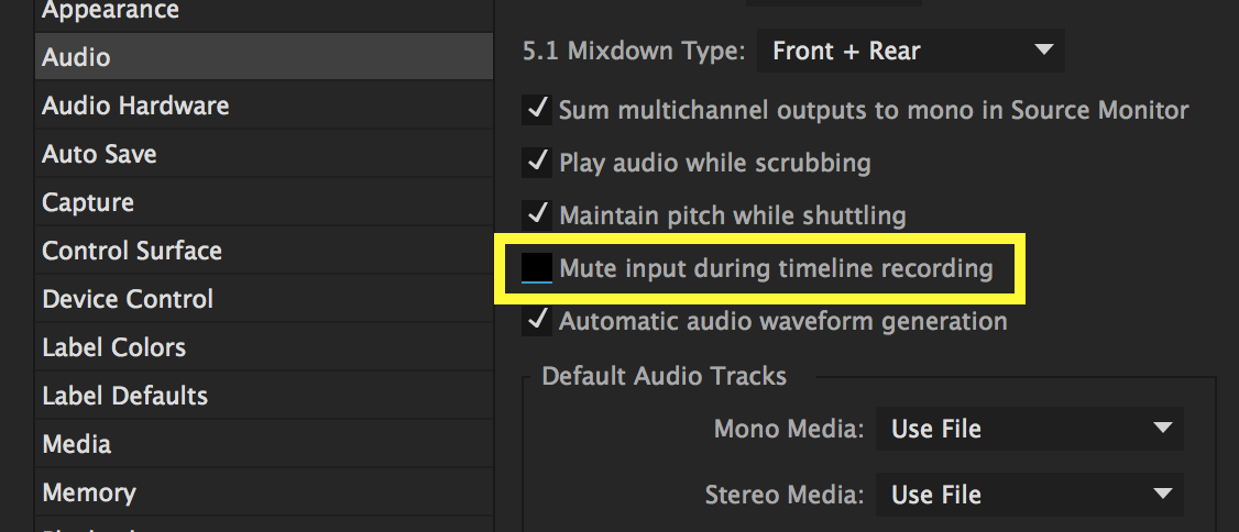 Mute input during timeline recording