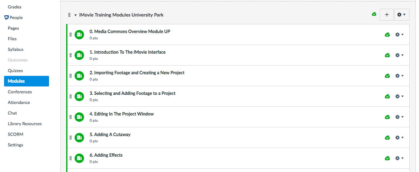 iMovie training modules in Canvas course