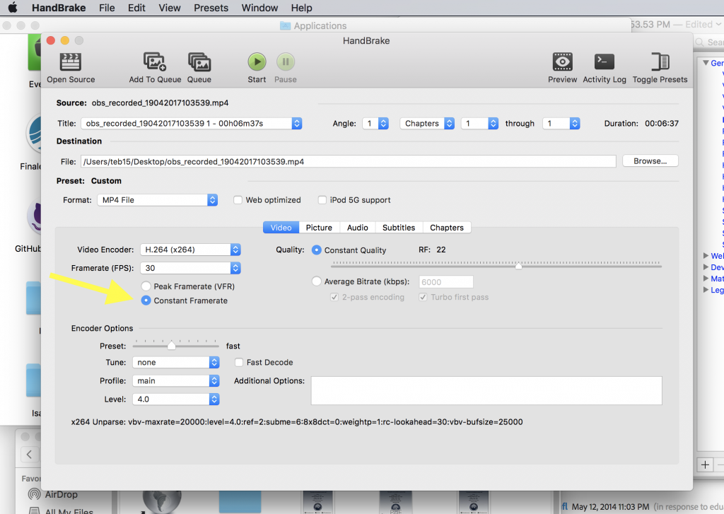 Handbrake settings with Constant Framerate selected