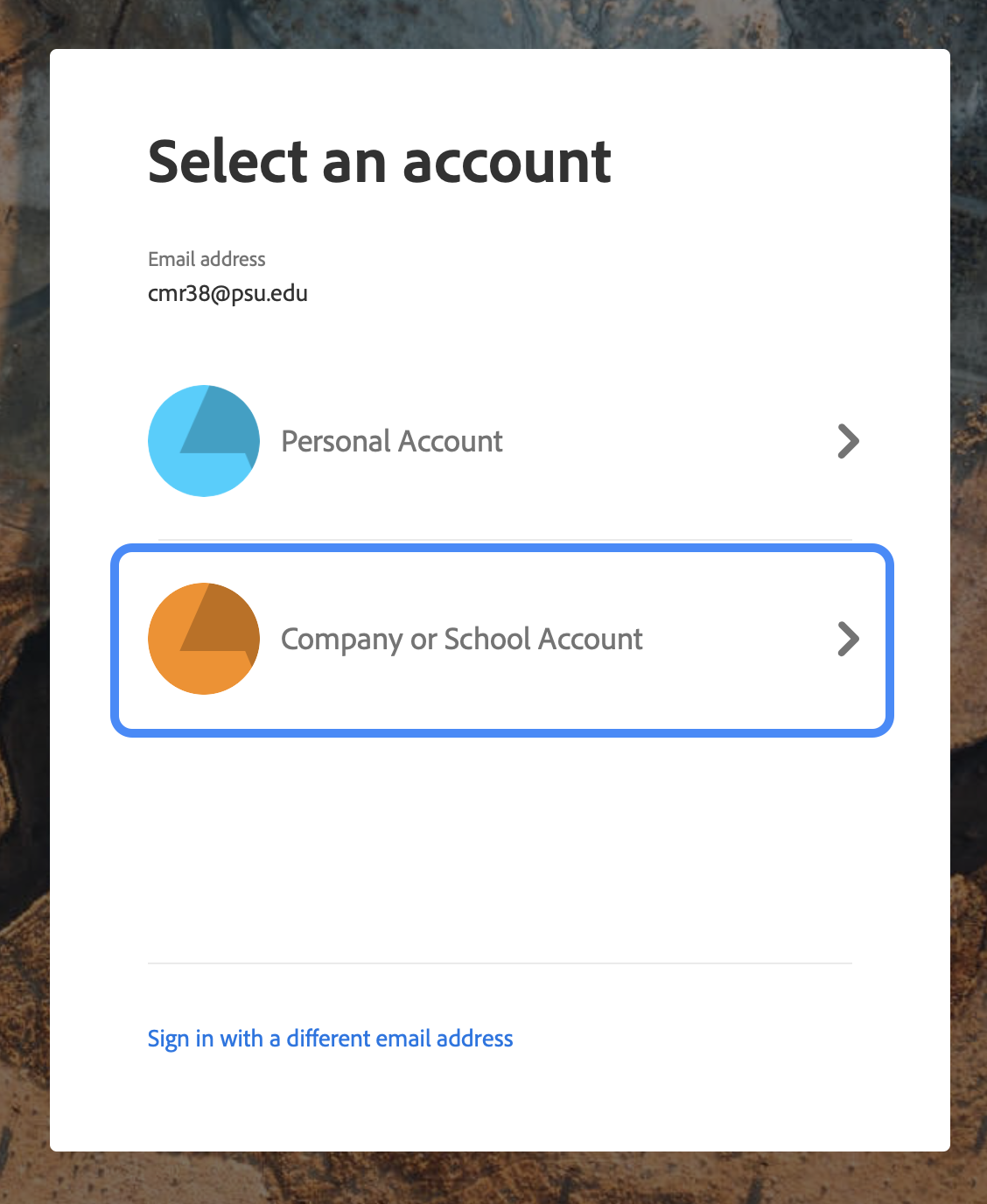 Select Company or School Account