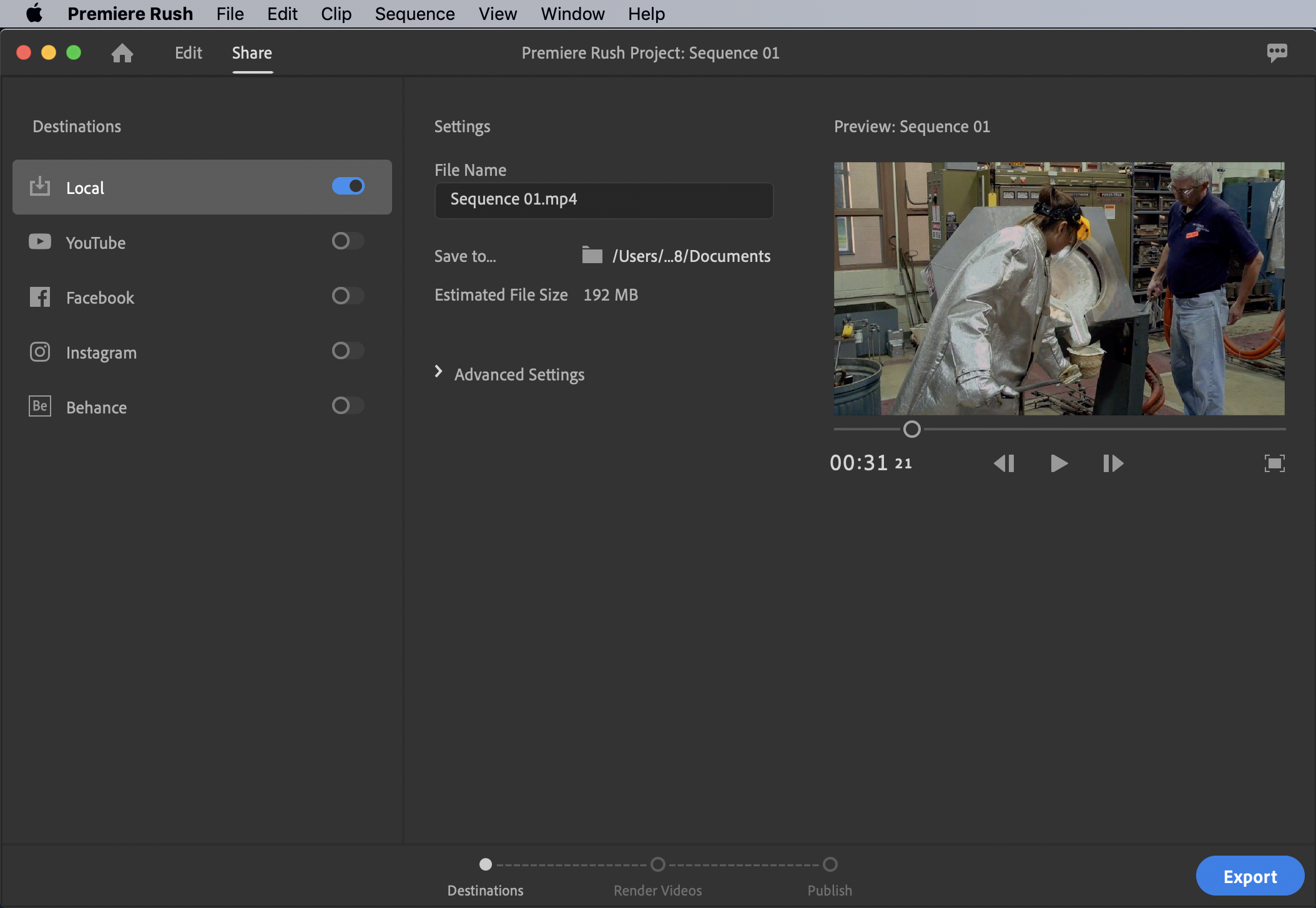 adobe premiere rush export video