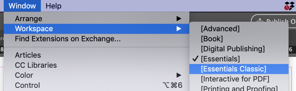 Selecting the Essentials Classic workspace
