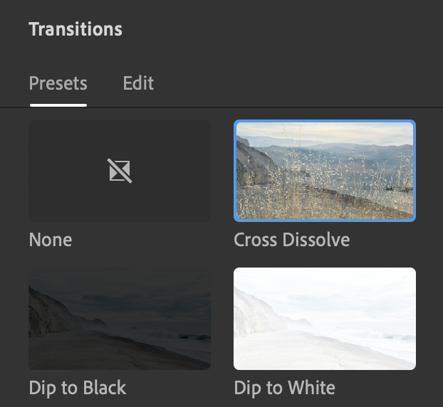 Cross Dissolve in the transitions options