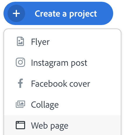 Select Create a project, then web page.