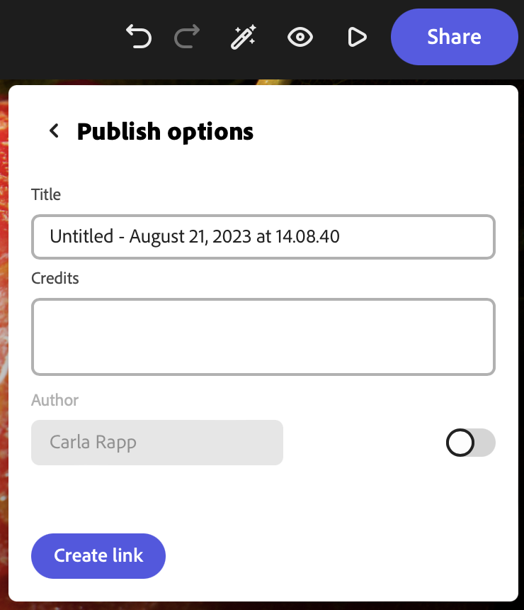 Publish options window