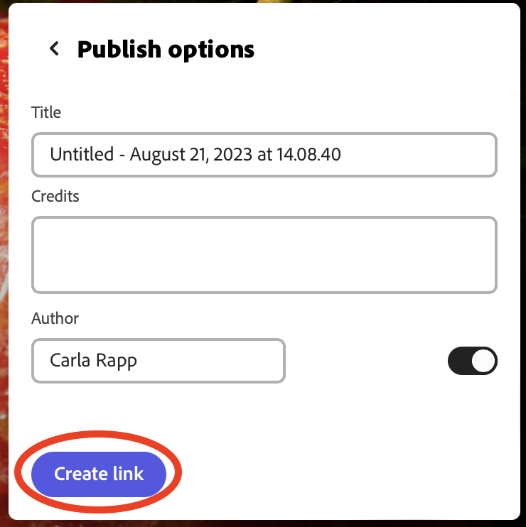 Publish screen with settings adjusted