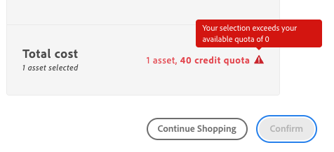 adobe-stock-premium-no-credits Screenshot of the message that appears when no credits are left for Adobe Stock premium assets.